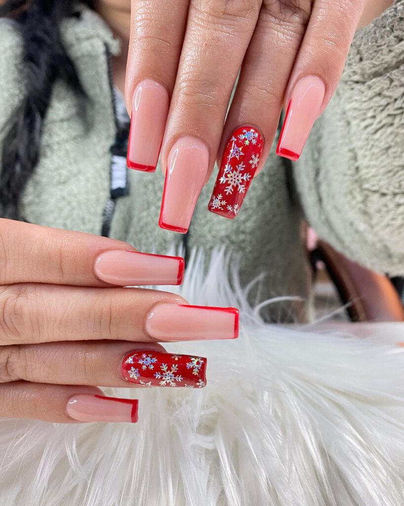 Red French Acrylic Snowflake Nails