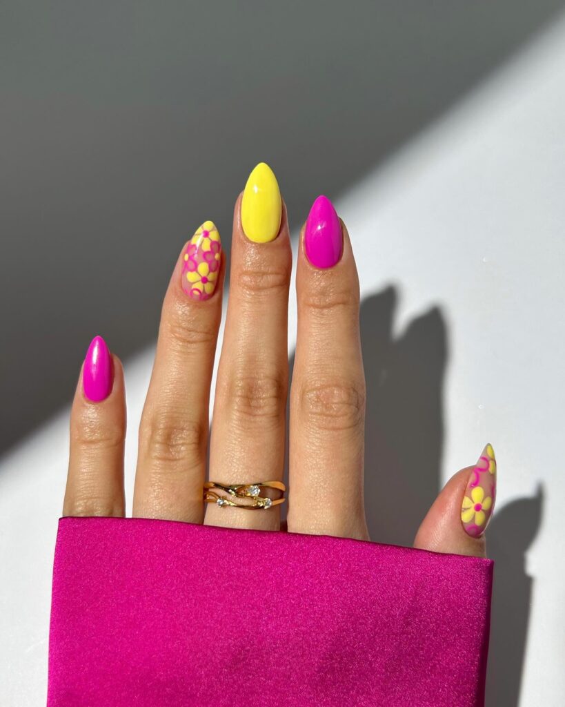 pretty pink and yellow flower nails 